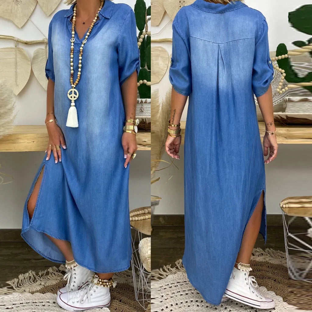 MIA | Long Denim-Look Dress with Side Slit