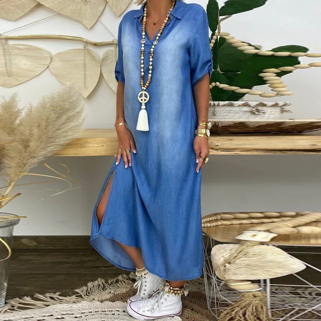 MIA | Long Denim-Look Dress with Side Slit