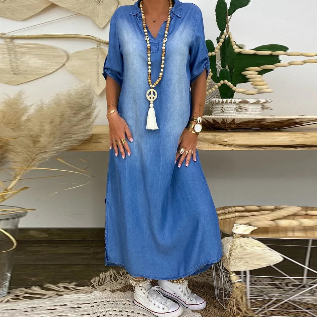 MIA | Long Denim-Look Dress with Side Slit