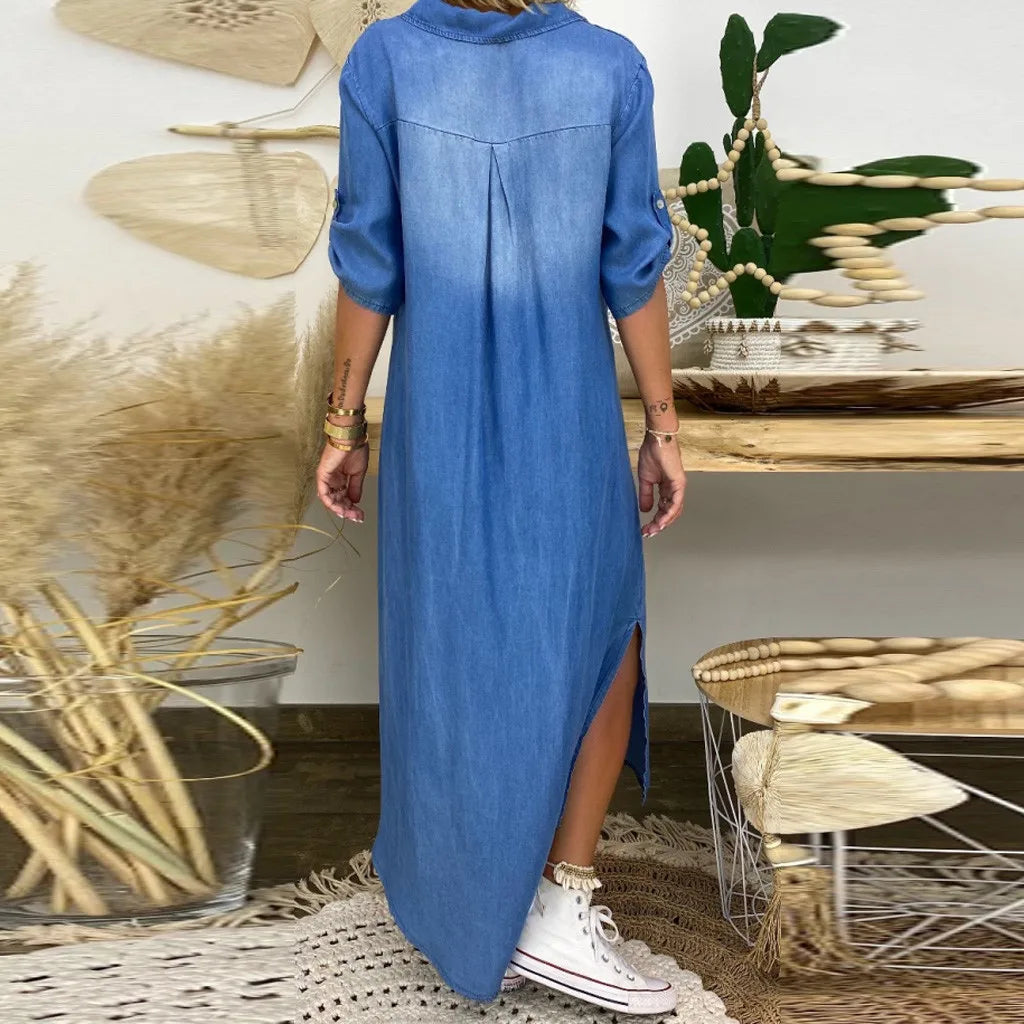MIA | Long Denim-Look Dress with Side Slit