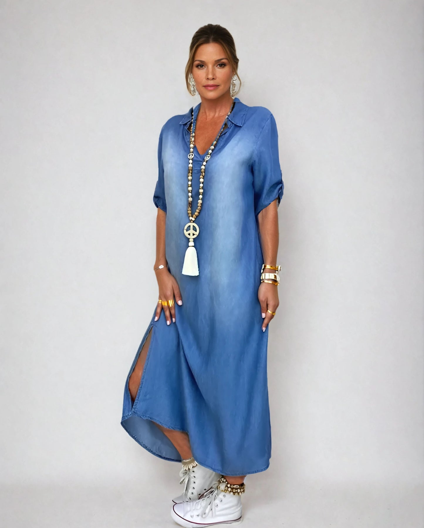 MIA | Long Denim-Look Dress with Side Slit